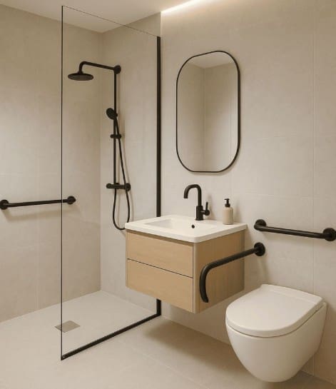 Modern accessible bathroom with a curbless shower, grab bars, floating vanity, and contemporary fixtures designed for safety and aging in place.