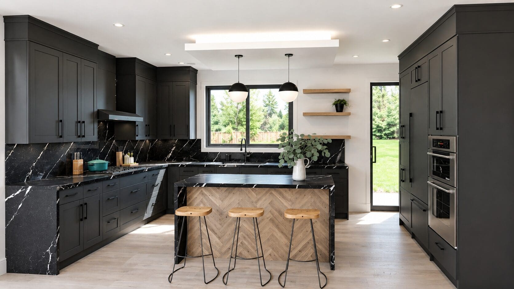 Modern kitchen renovation featuring black shaker cabinets, quartz countertops, wood herringbone island, and custom lighting designed for a Vancouver home.