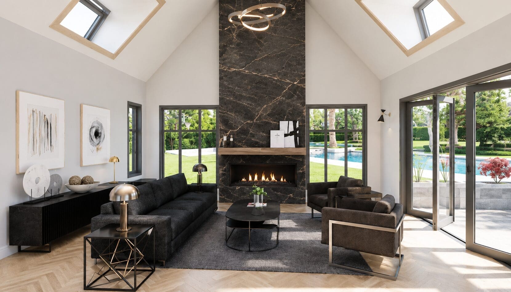 Modern living room featuring custom furniture, fireplace, and professional interior furnishing and styling designed by Finesse Interior Solutions.